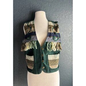 Vintage Jane Ashley Green Suede And Cotton Vest Woven Details Sz Small